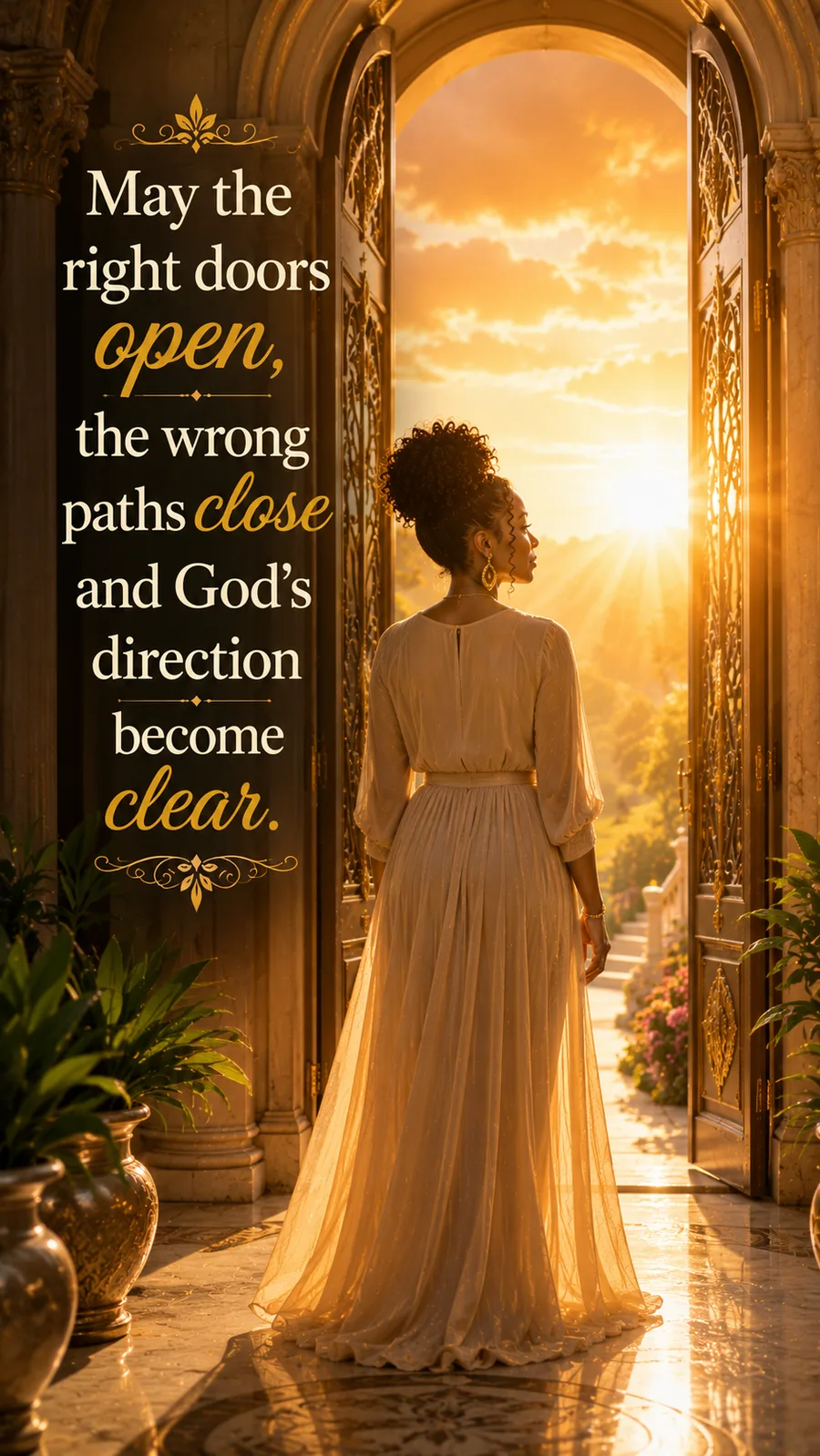 African American Friday blessing image: May the right doors open, the wrong paths close and God's direction become clear.