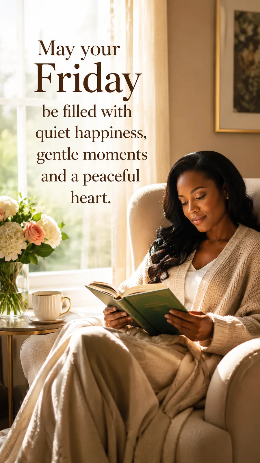 African American Friday blessing image: May your Friday be filled with quiet happiness, gentle moments and a peaceful heart.