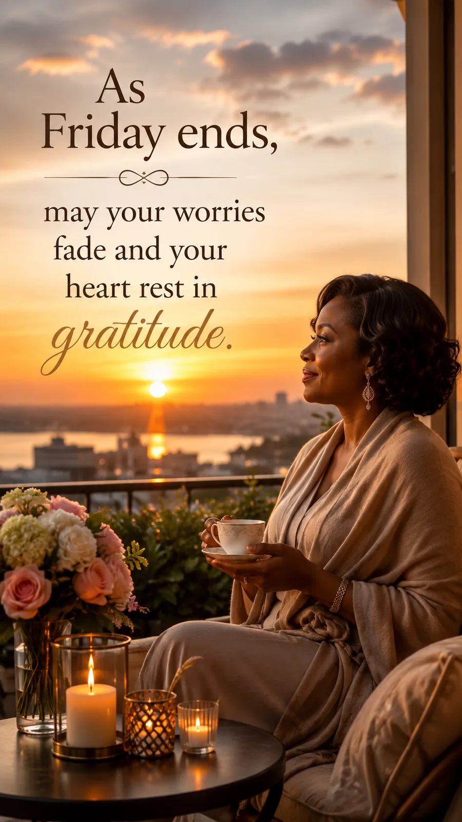 African American Friday blessing image: As Friday ends, may your worries fade and your heart rest in gratitude.