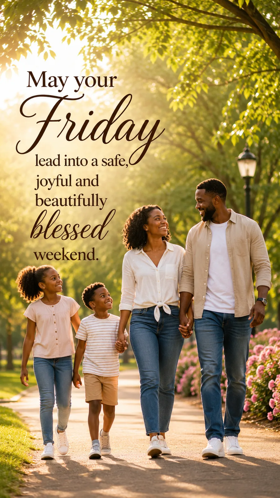 African American Friday blessing image: May your Friday lead into a safe, joyful and beautifully blessed weekend.