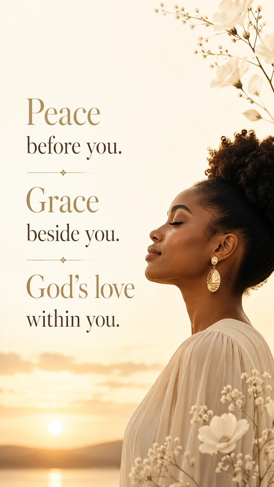 African American Friday blessing image: Peace before you. Grace beside you. God's love within you.