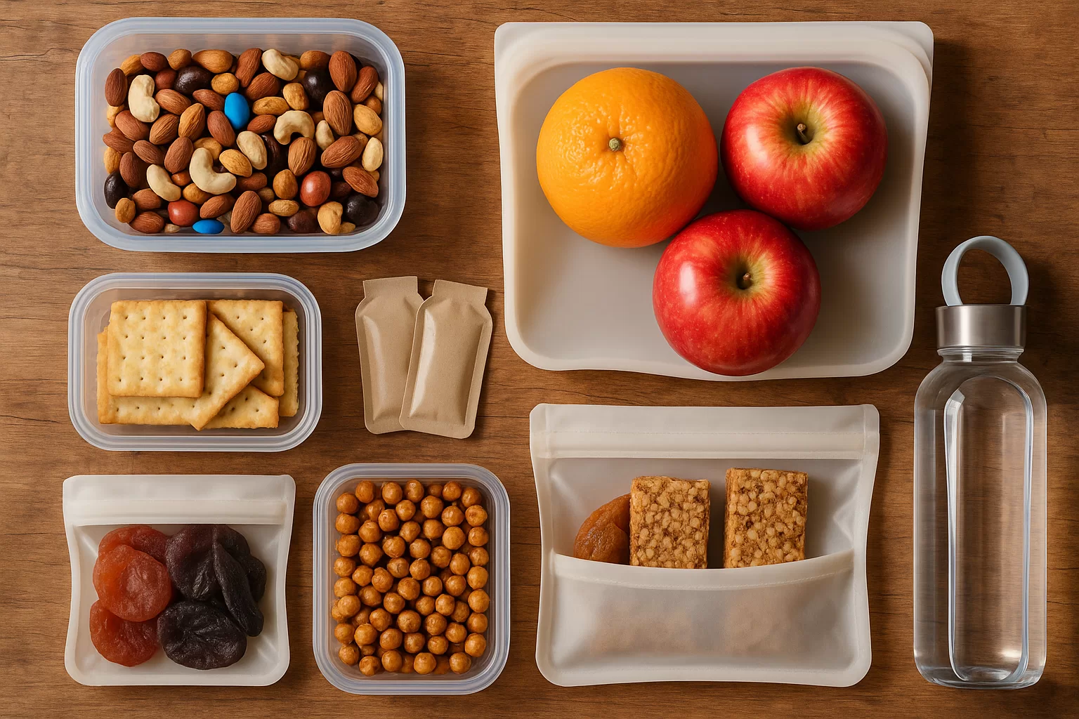 Easy travel snacks that do not need refrigeration packed for a trip