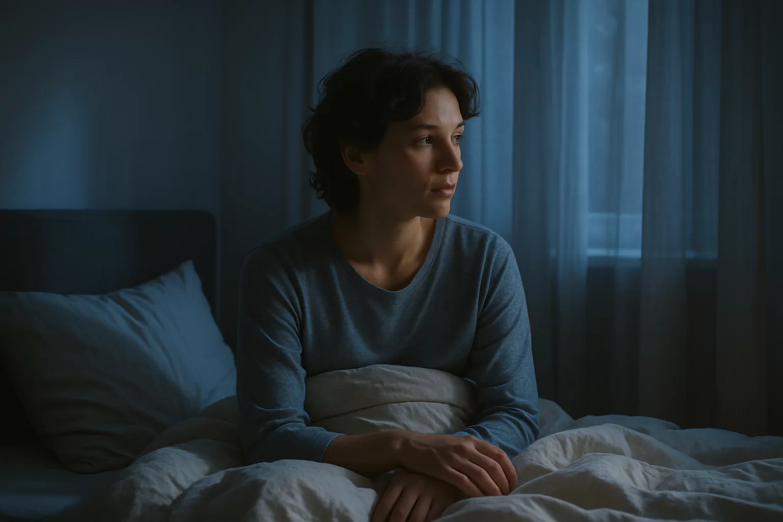 Person wondering why do I keep waking up after strange dreams in a calm bedroom at night
