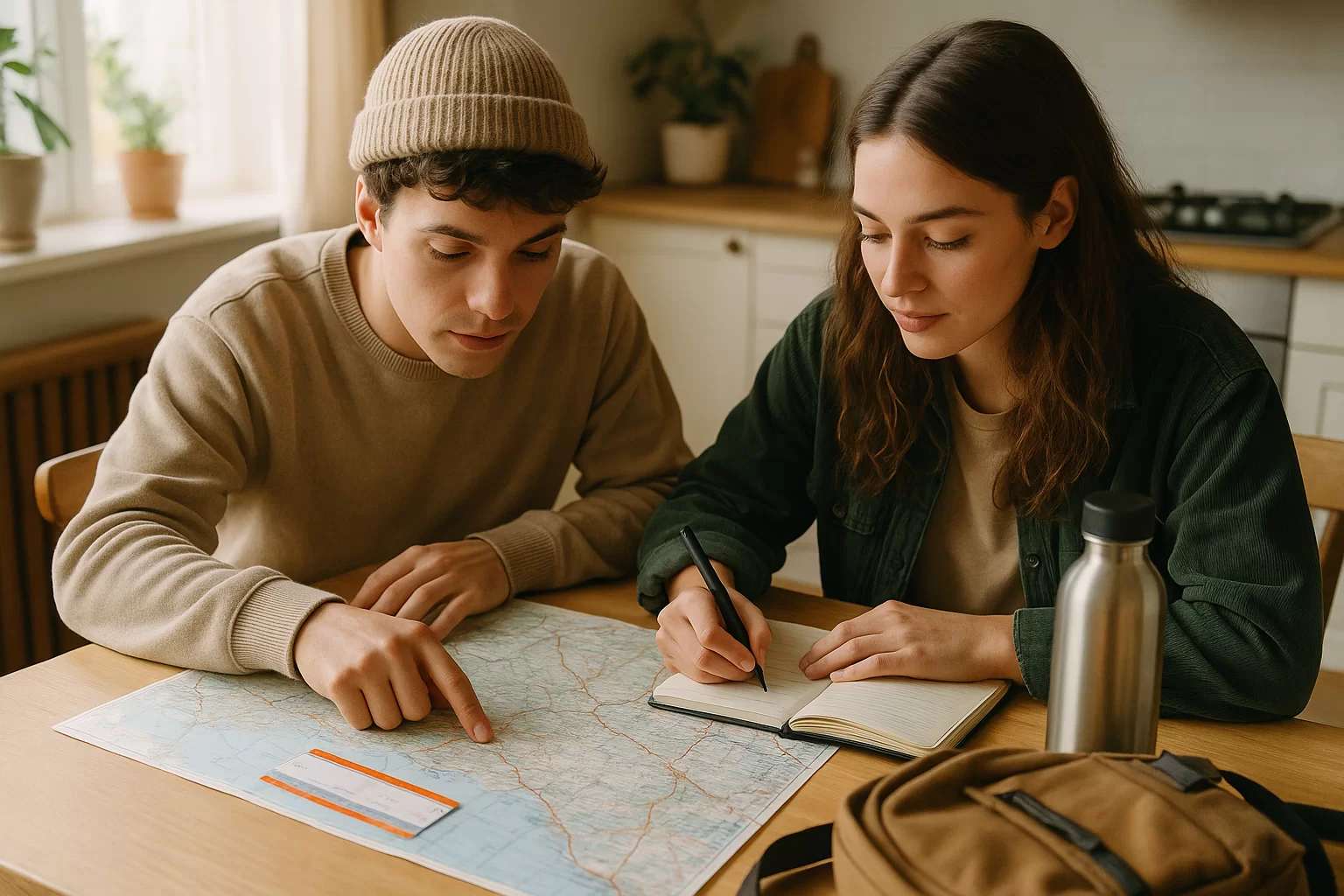 Couple planning a low cost weekend away with a map, notebook, and small backpack