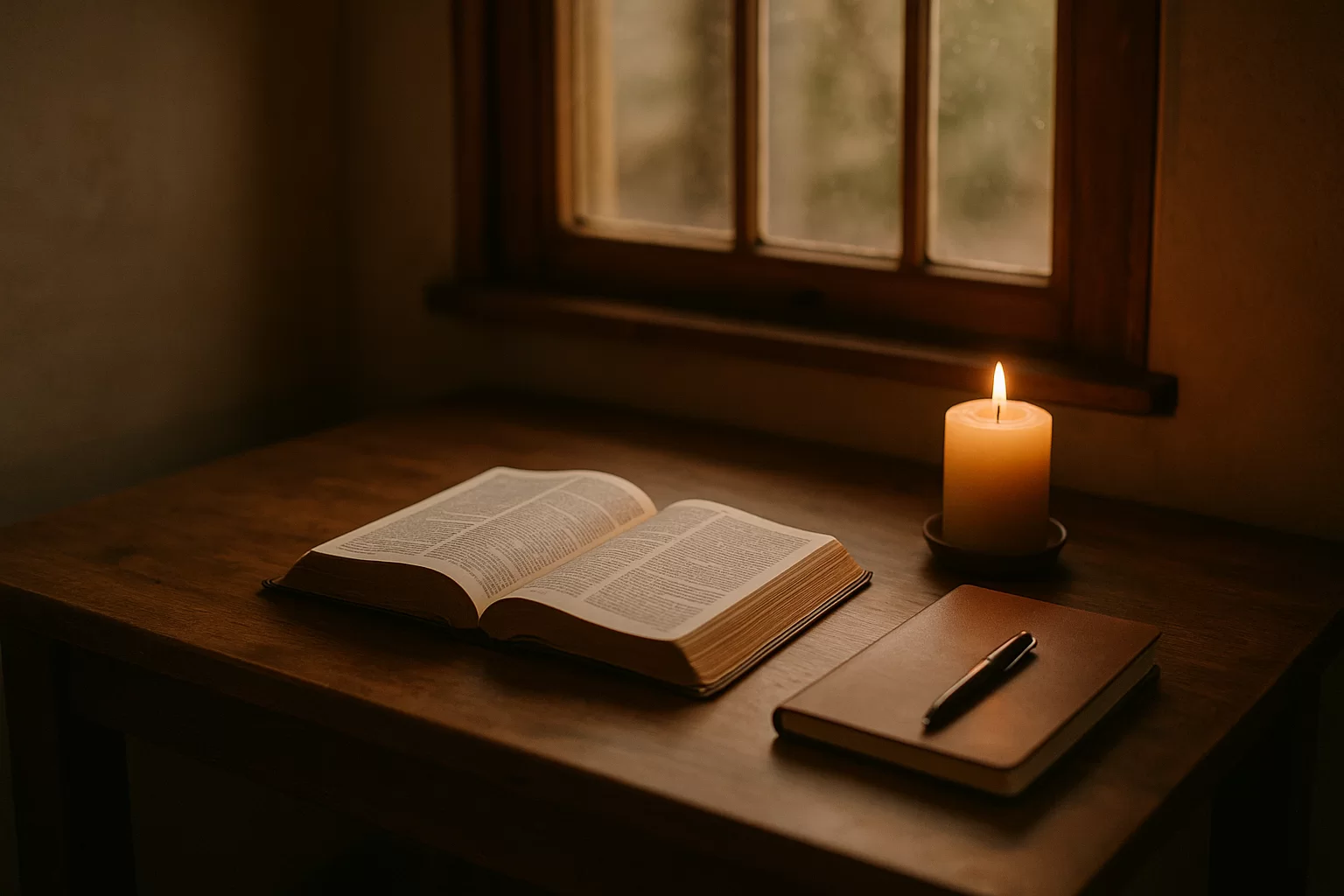 Prayer for peace during a difficult decision with open Bible and quiet candlelight
