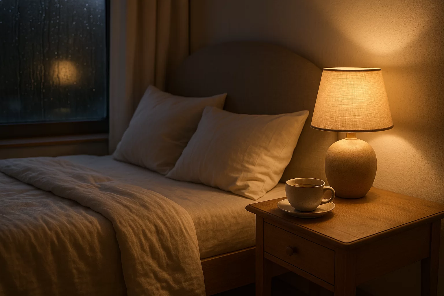 Rain sounds for relaxation beside a softly lit window in the evening