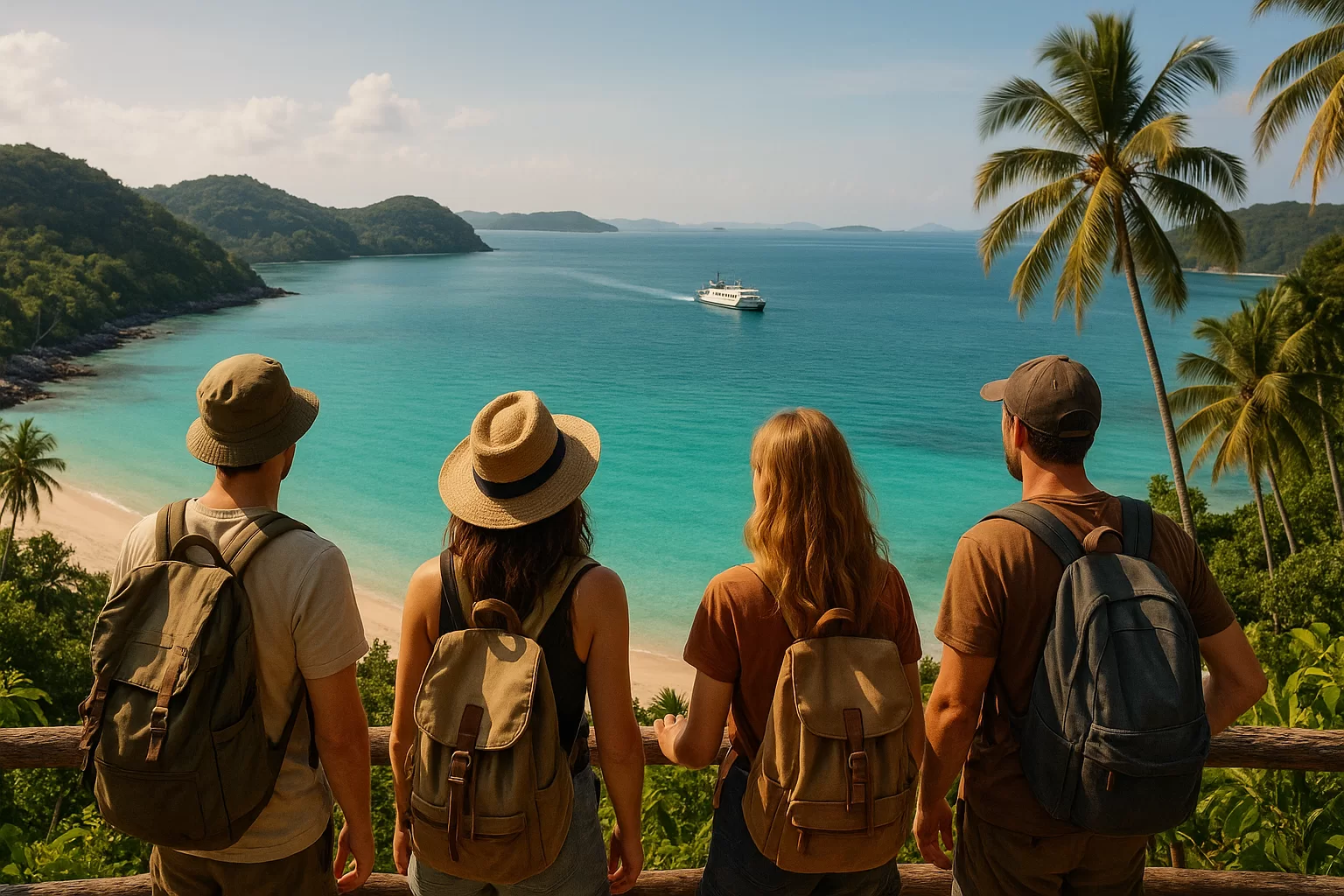 Travelers choosing the right island holiday from a quiet beach viewpoint