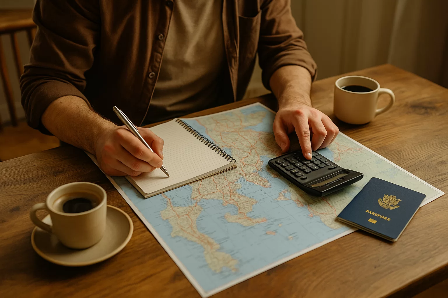 Traveler planning how to save for travel with a monthly budget notebook and map