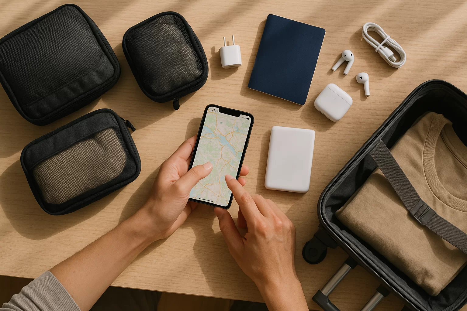 Traveler using travel tech habits before leaving home with phone, passport, chargers, and packing list