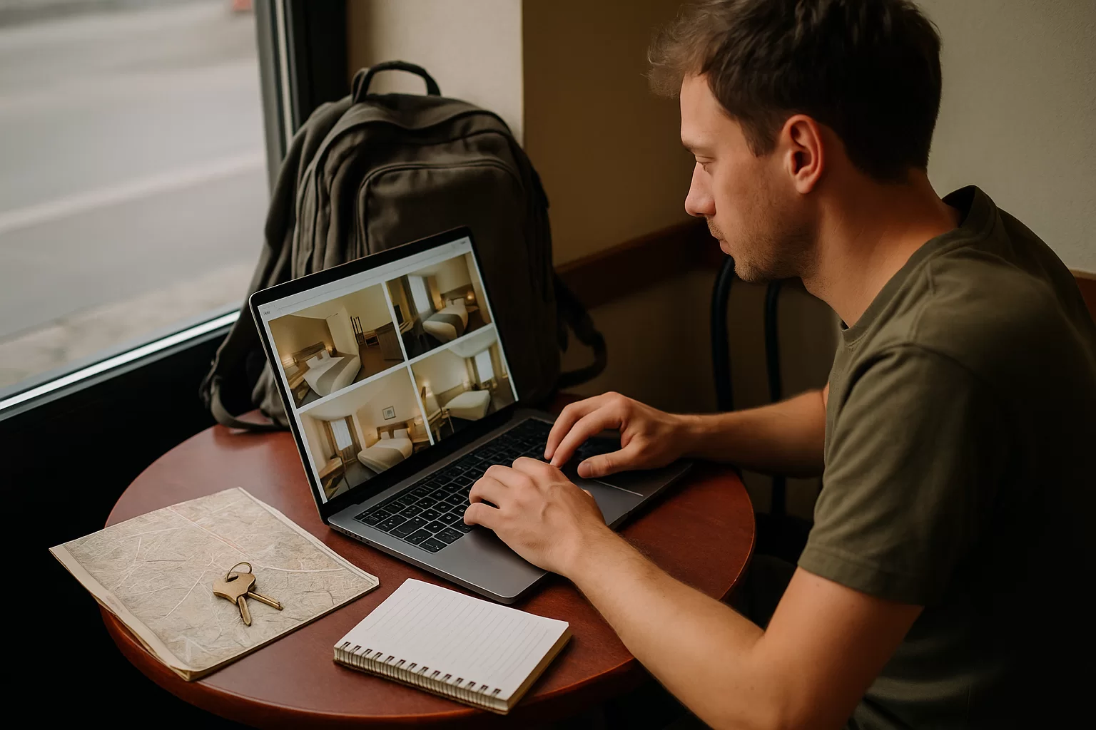 Traveler comparing better value accommodation on a budget on a laptop