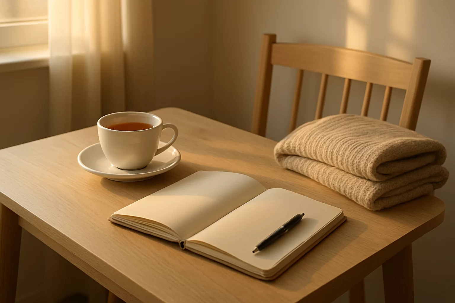 A calm morning routine with tea journal and soft sunrise light