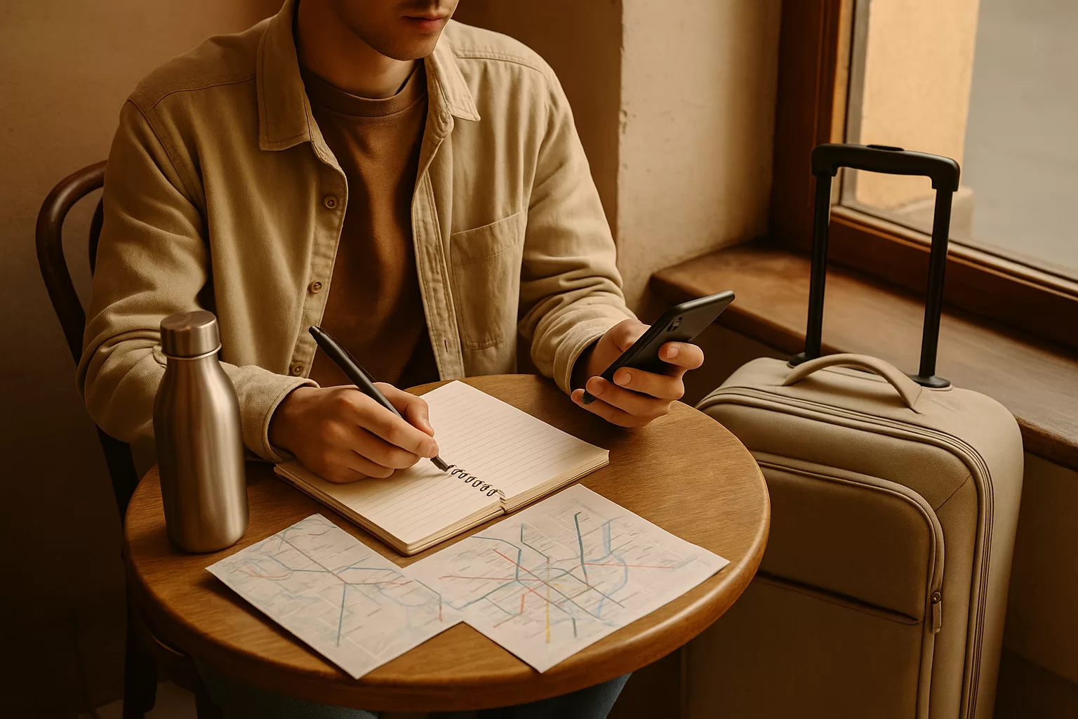 Traveler using cheap travel habits to plan a low cost trip at a cafe table
