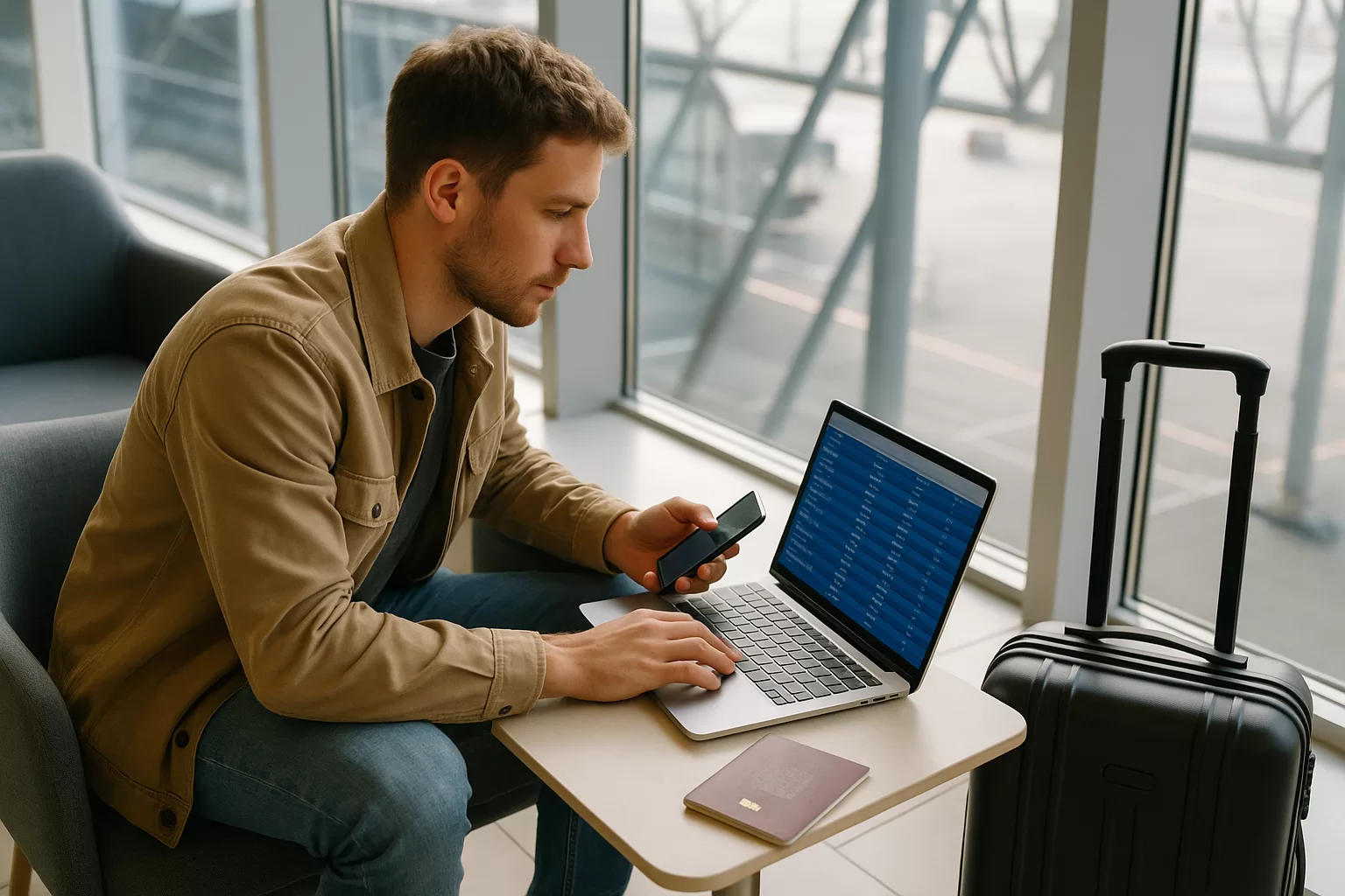 Traveler using a laptop to check before booking a cheap flight at an airport lounge