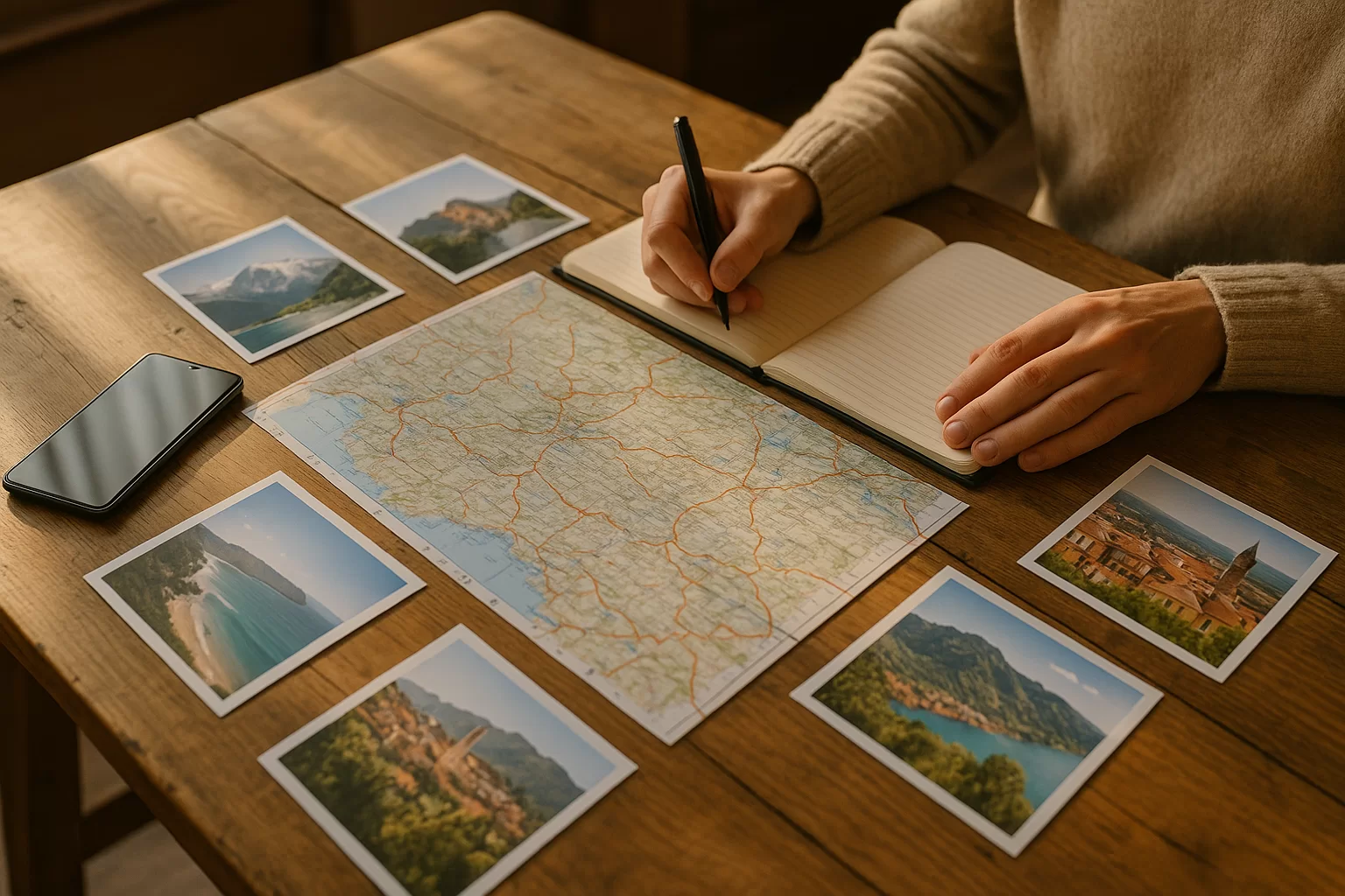 Traveler choosing the right destination for your travel mood with maps and scenic travel photos