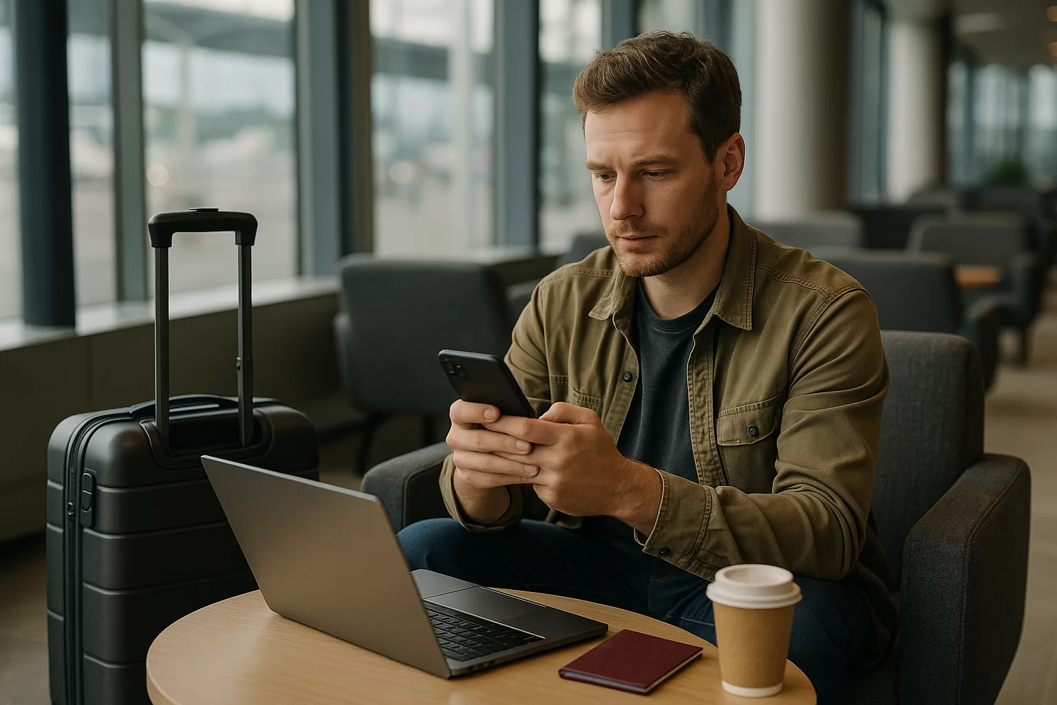 Traveller using digital safety tips for travellers on a secured smartphone at an airport