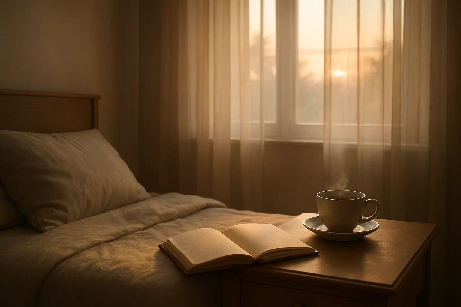 Dream quotes about hope and inner guidance represented by a calm sunrise through a bedroom window