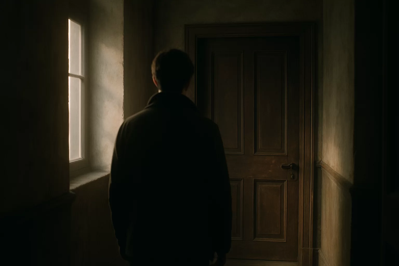 Dreaming of a locked door meaning shown as a person standing before an old closed door in a quiet hallway