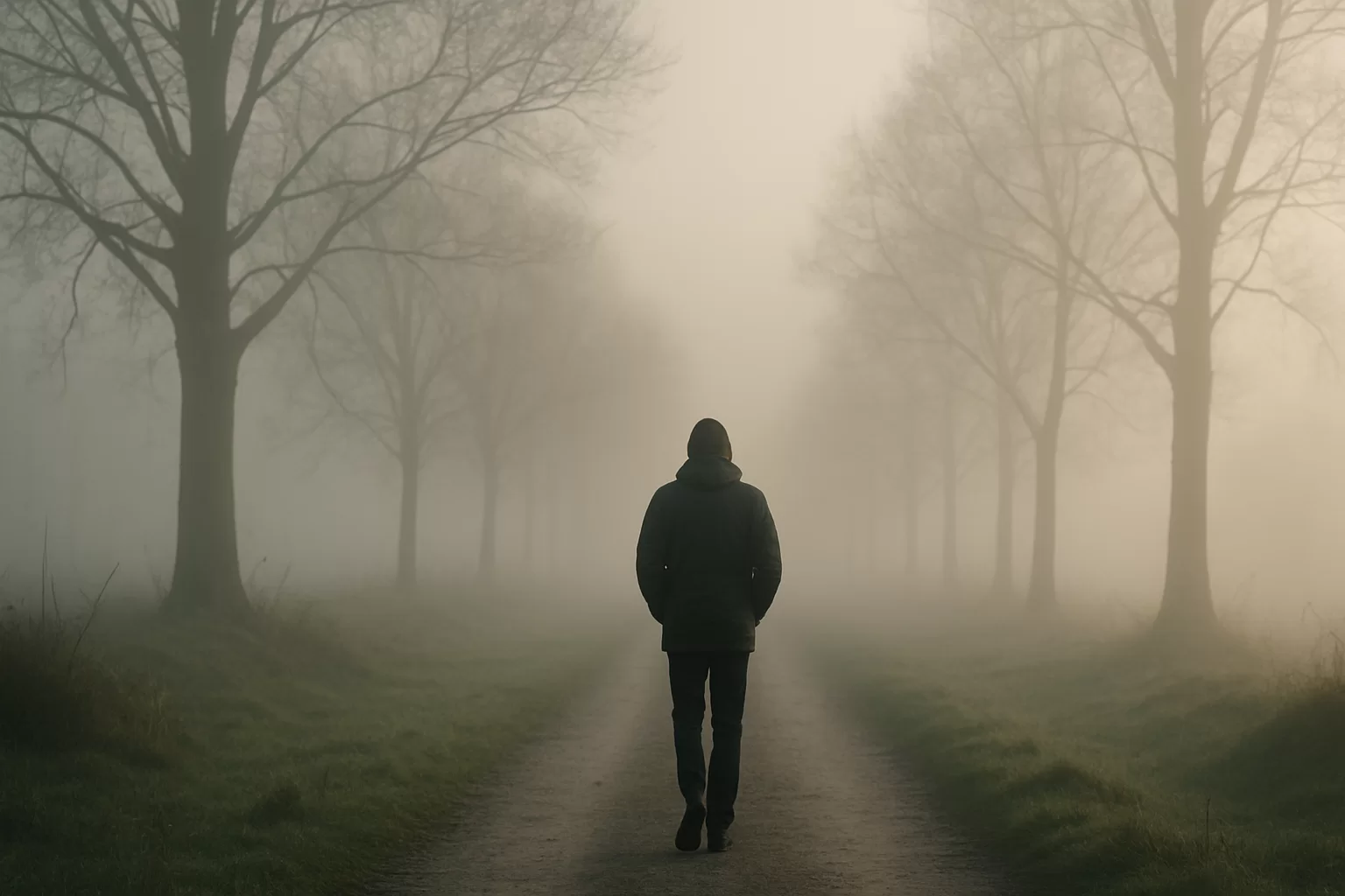 Dreaming of walking through fog meaning shown by a person on a misty path at dawn
