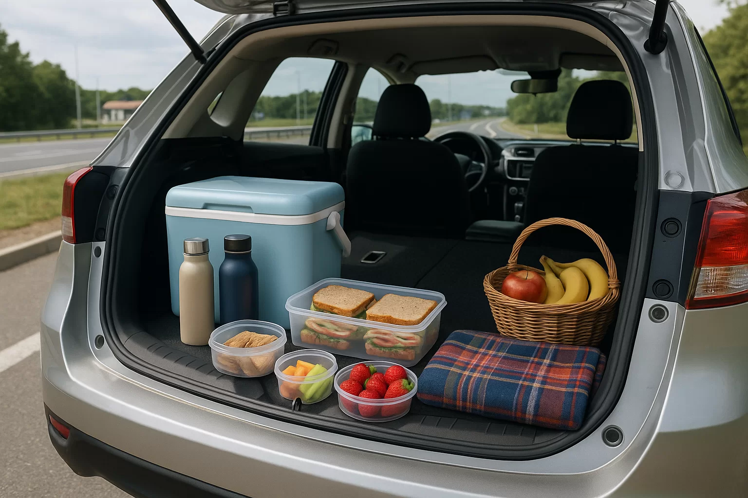 Packed cooler and simple meal supplies to eat well on a road trip without overspending