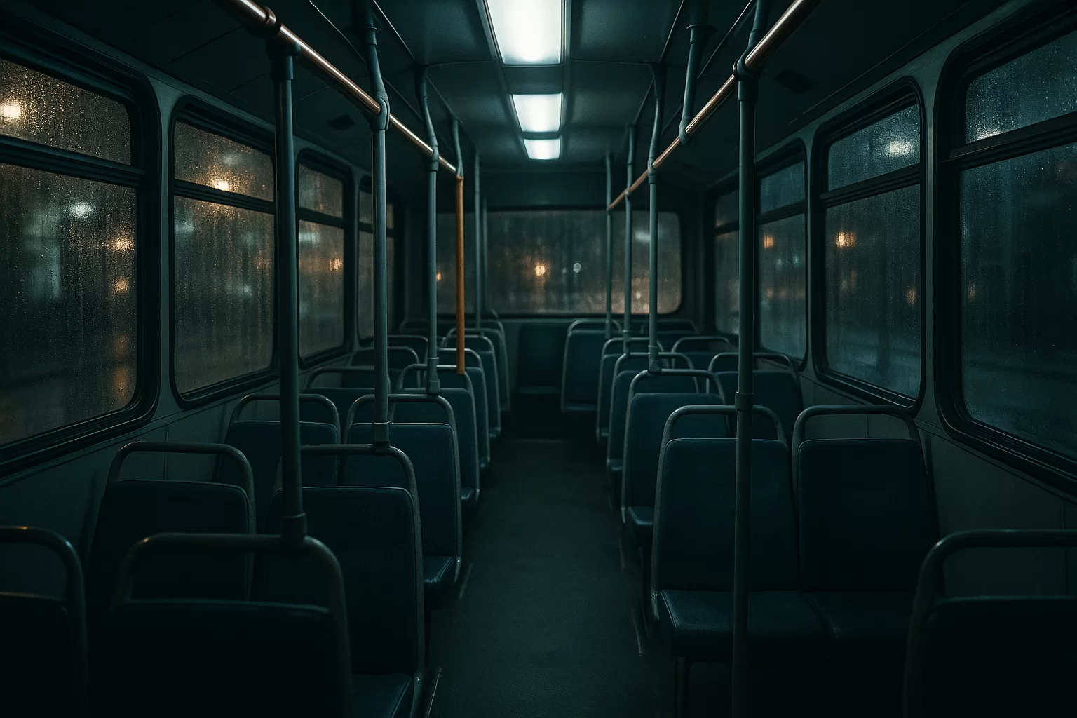 Empty seat on the last night bus under cold fluorescent lights