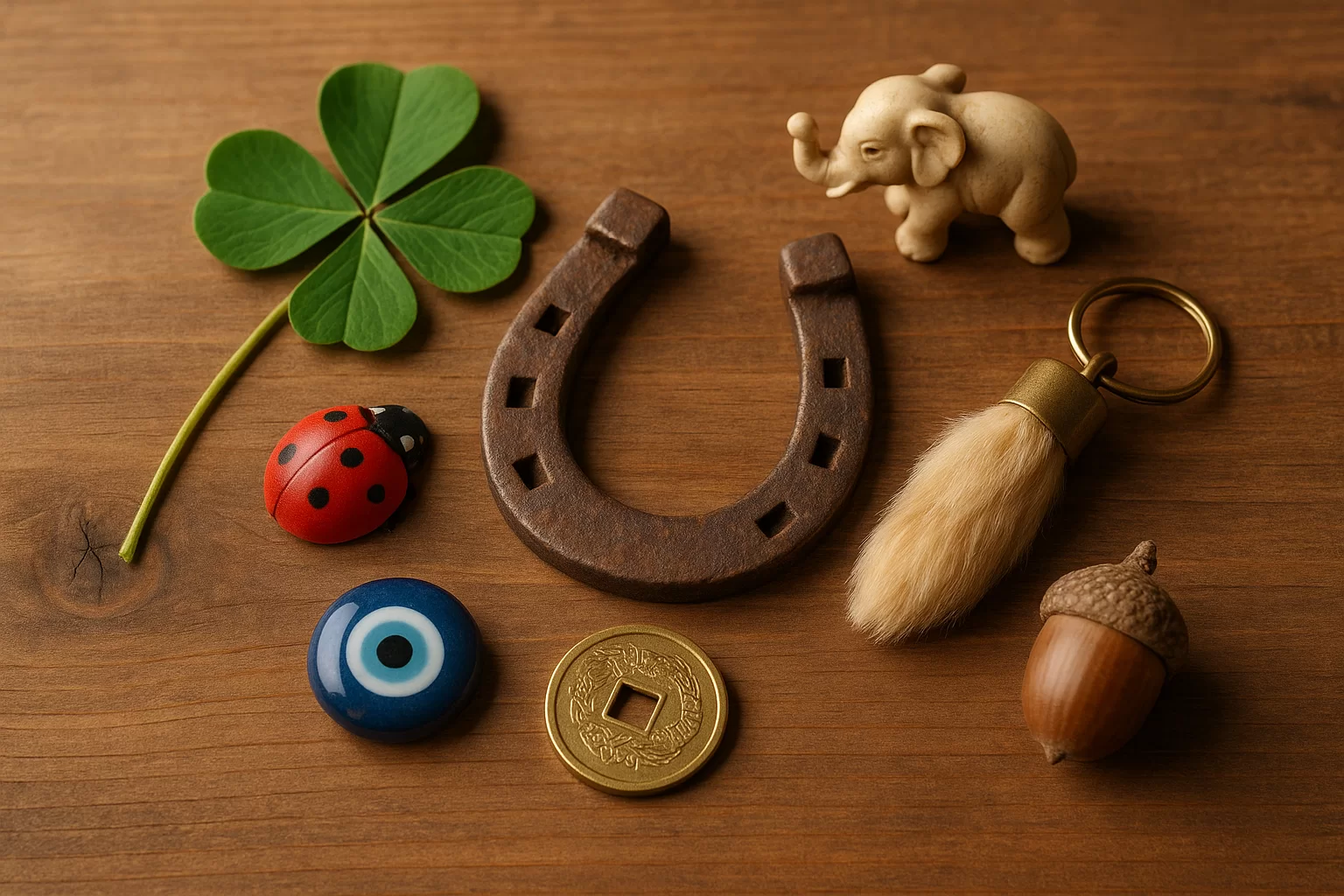 A collection of everyday symbols of good luck including a horseshoe, ladybug, four-leaf clover, and lucky coin