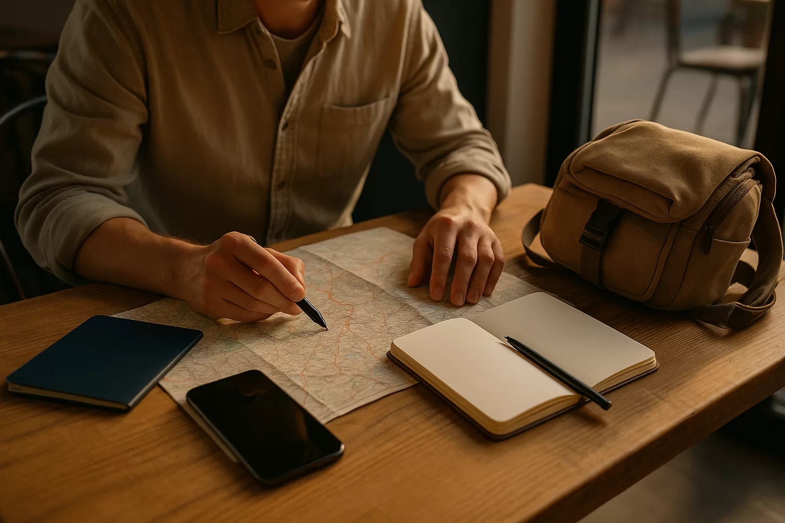 Traveler planning a first solo trip with map, passport, phone, and notebook on a cafe table