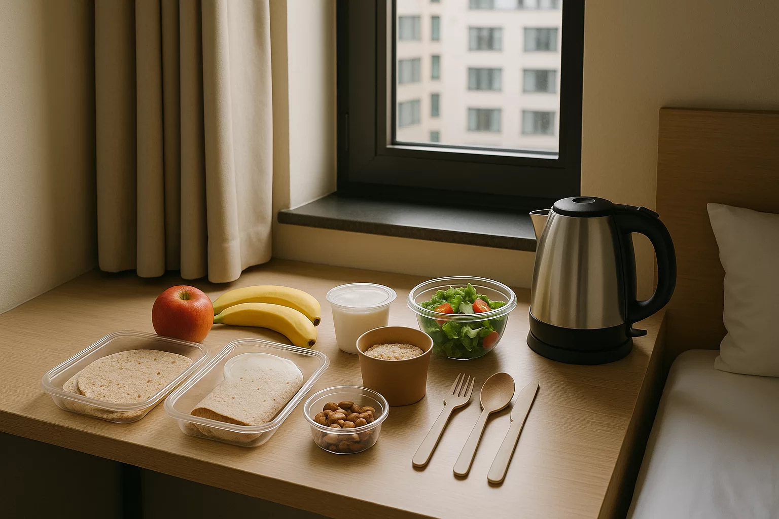 Simple hotel room meal ideas arranged on a small desk with fresh ingredients and travel essentials