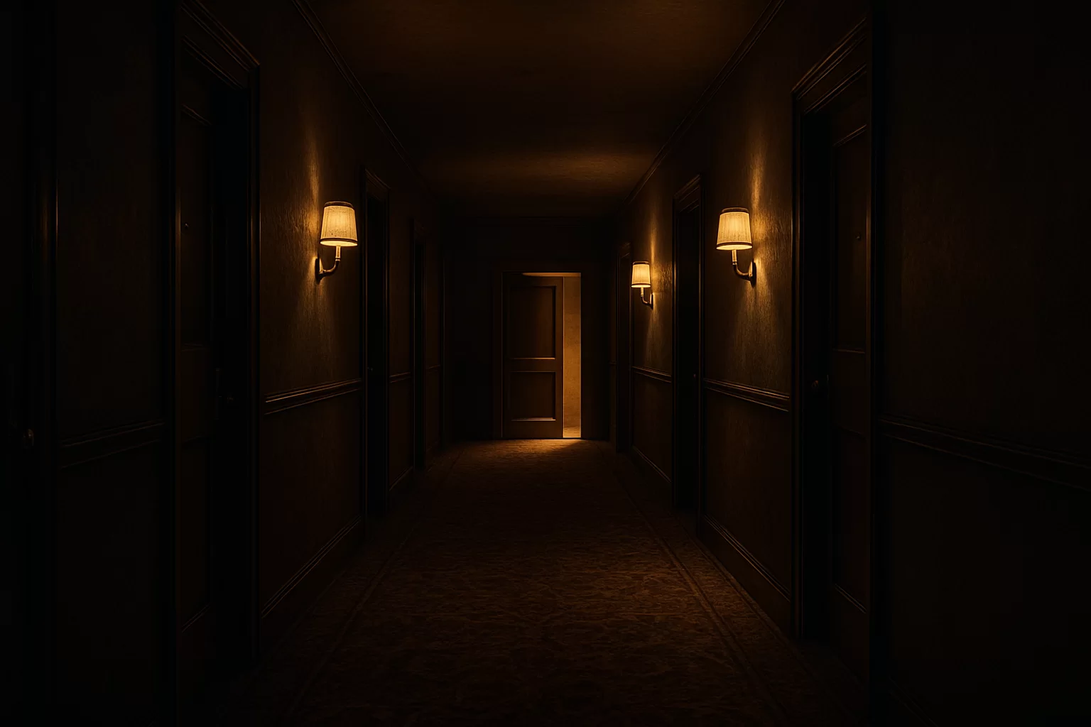 dim hallway outside the hotel room that was never booked