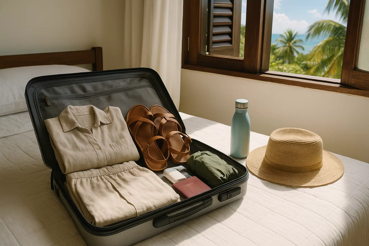 Island travel packing tips with a neat carry-on, sandals, hat, reef-safe sunscreen, and ferry tickets on a tropical bed