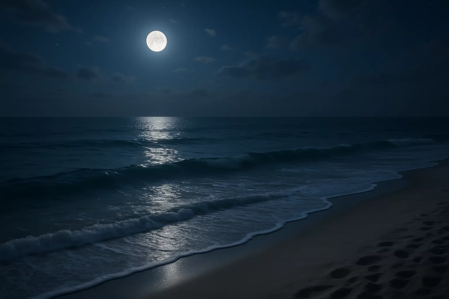Ocean wave sounds for sleep beside a calm moonlit shoreline
