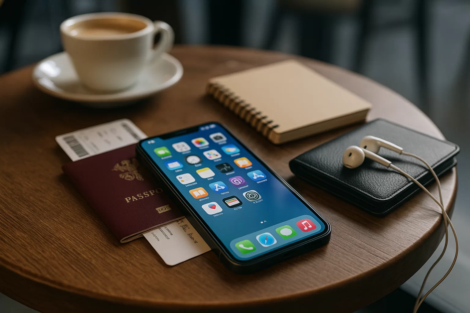 Phone screen showing organised travel apps for a stress free trip
