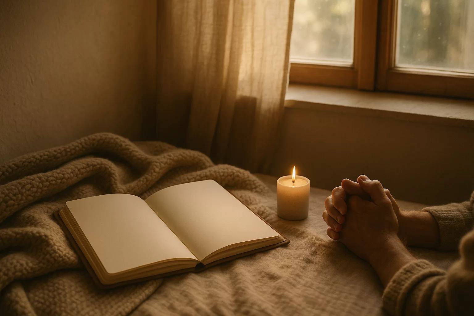 Peaceful prayer quotes beside a quiet journal and candle on a difficult day