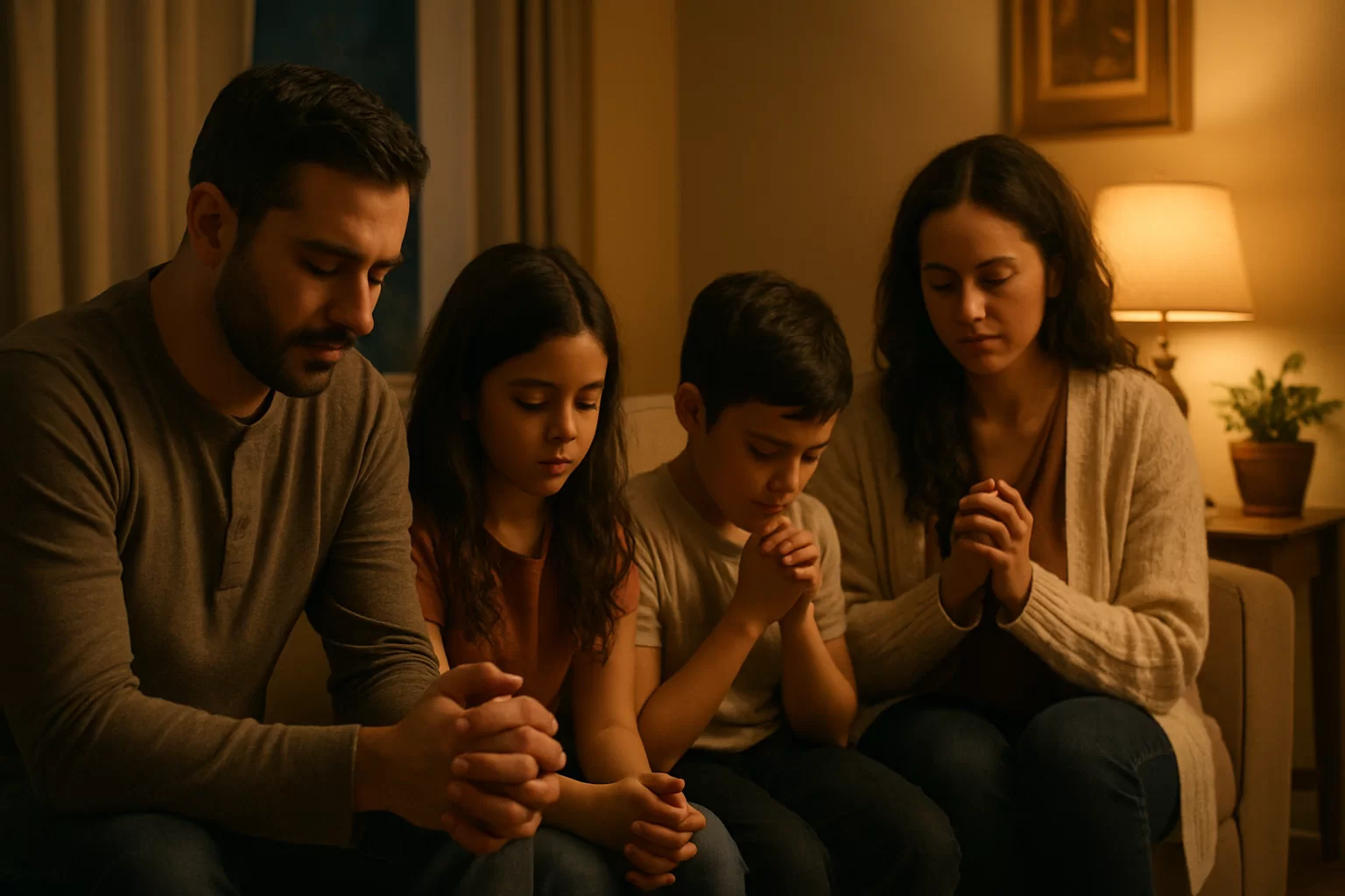Family gathered in prayer for family protection and calm at home