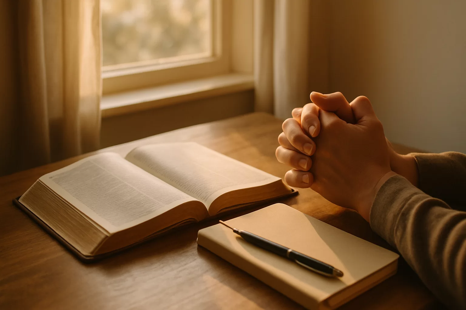 Prayer for guidance before starting something new beside an open Bible and notebook