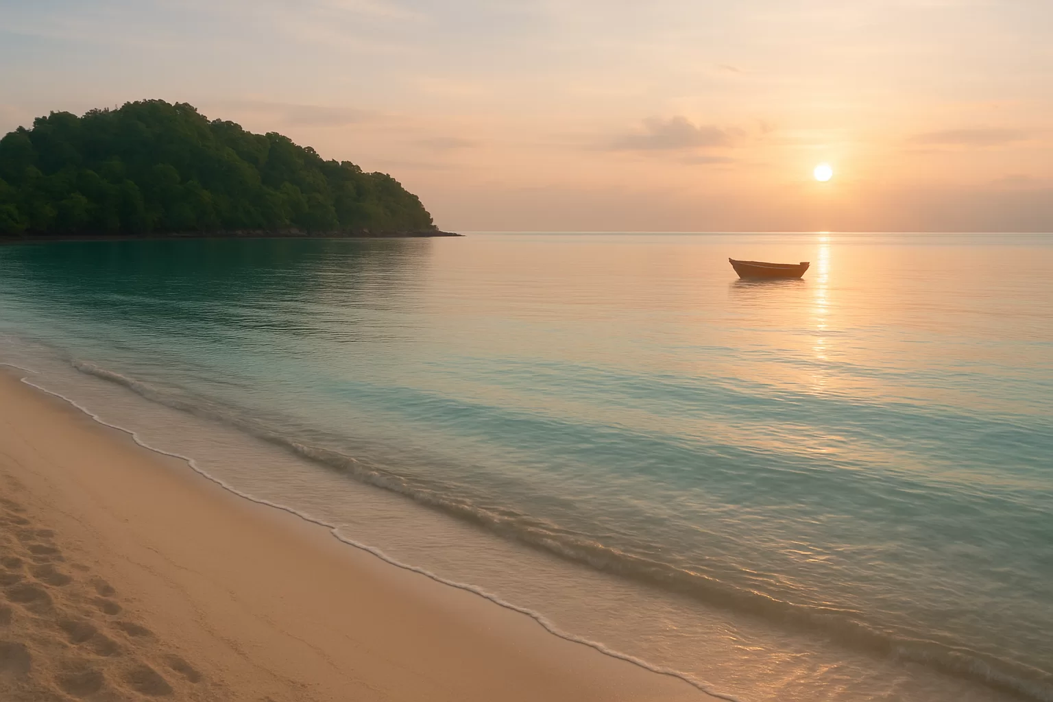 Quiet island travel ideas with a peaceful shoreline at sunrise