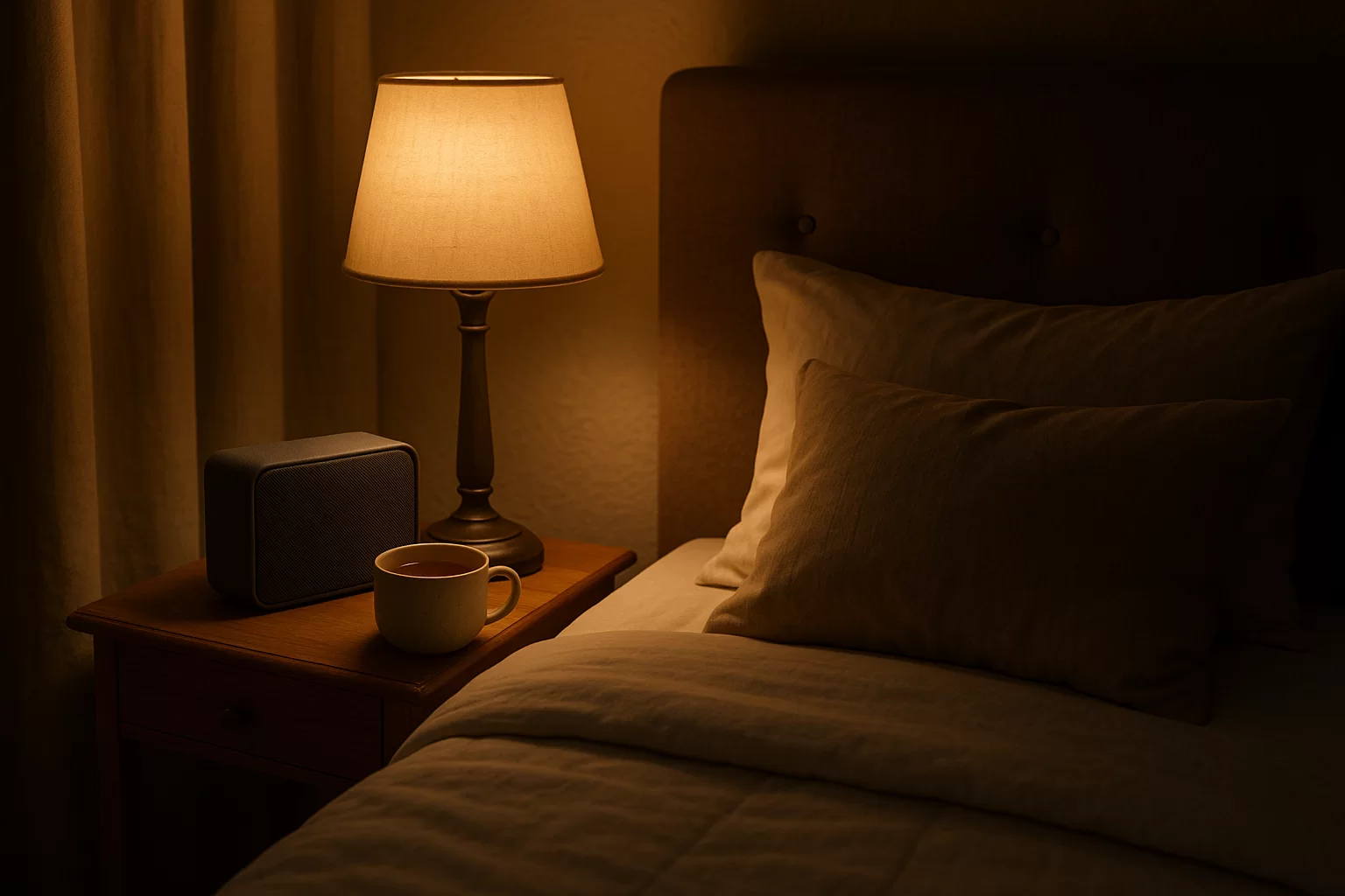 relaxing music during a night routine with a bedside speaker and warm lamp