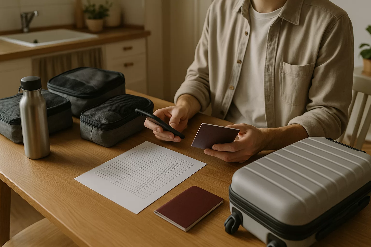 Traveler using simple travel habits to organize a passport, phone, and packing list before a journey