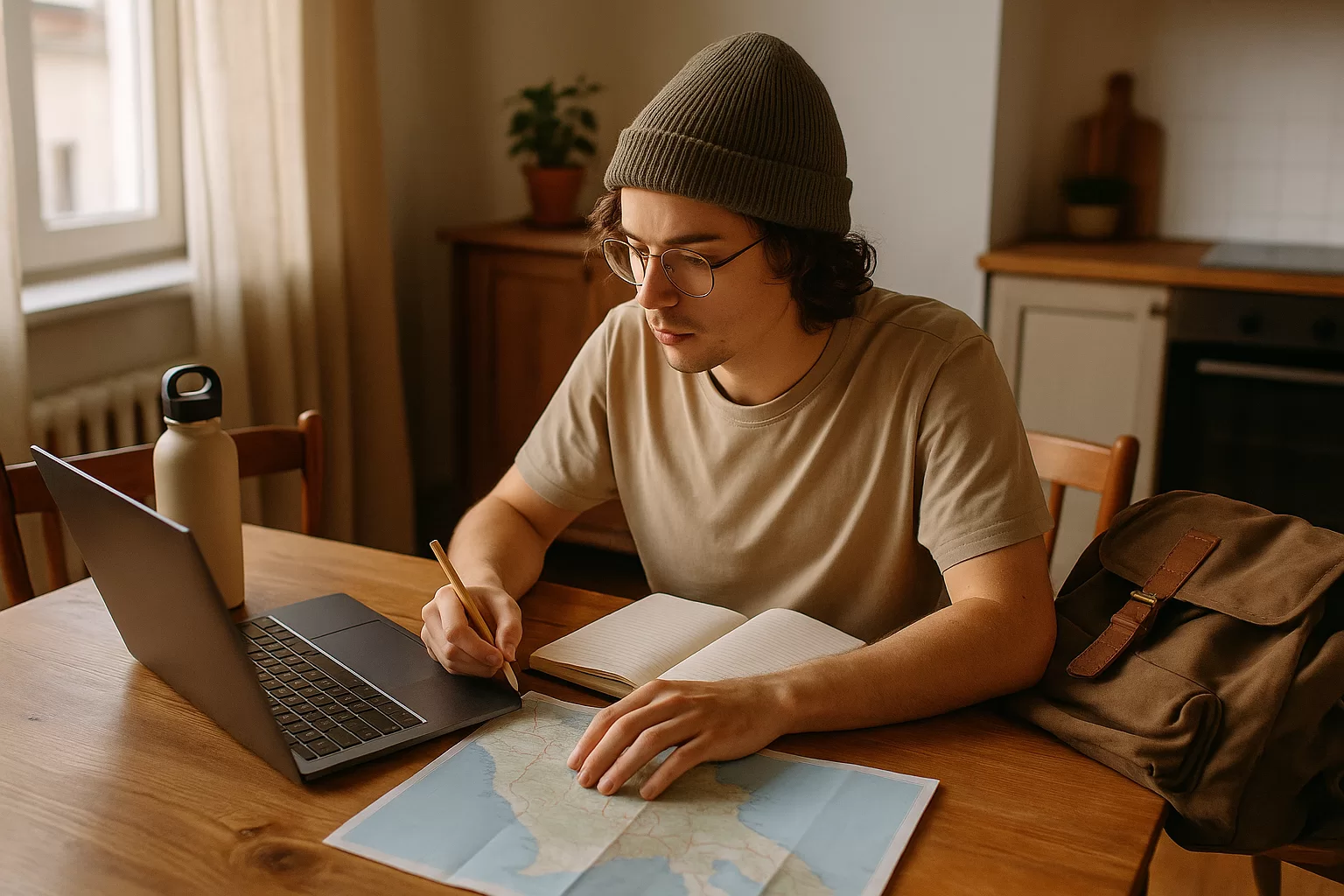Traveler planning ways to travel more without feeling rich at a kitchen table with maps and a laptop