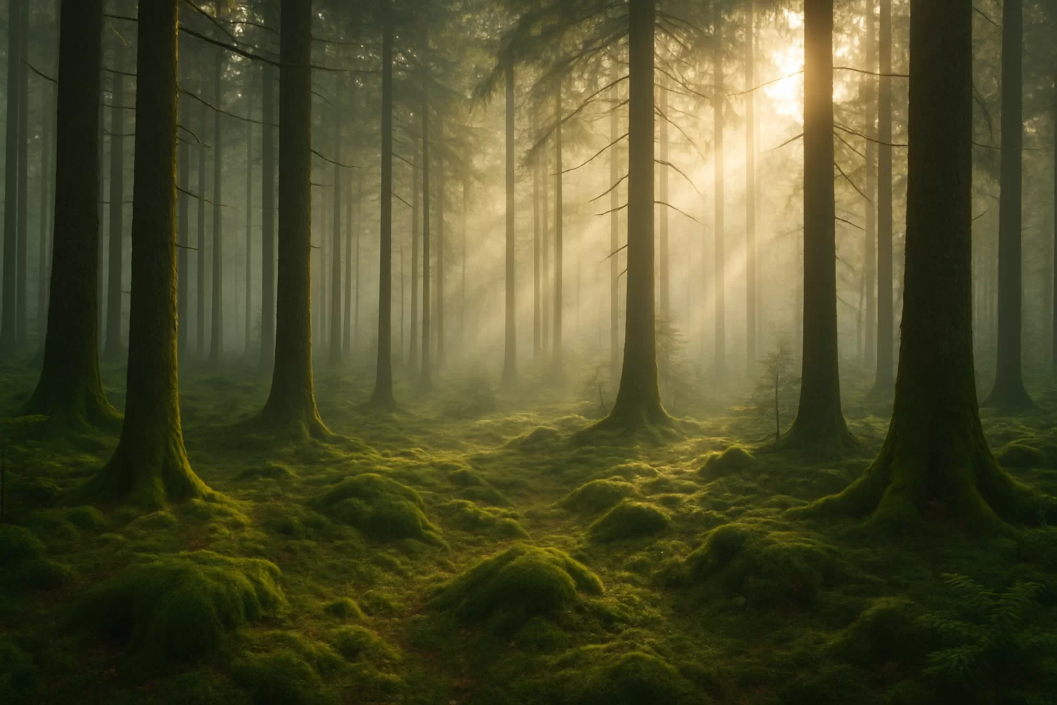 Forest ambience sounds in a quiet green woodland with soft morning light