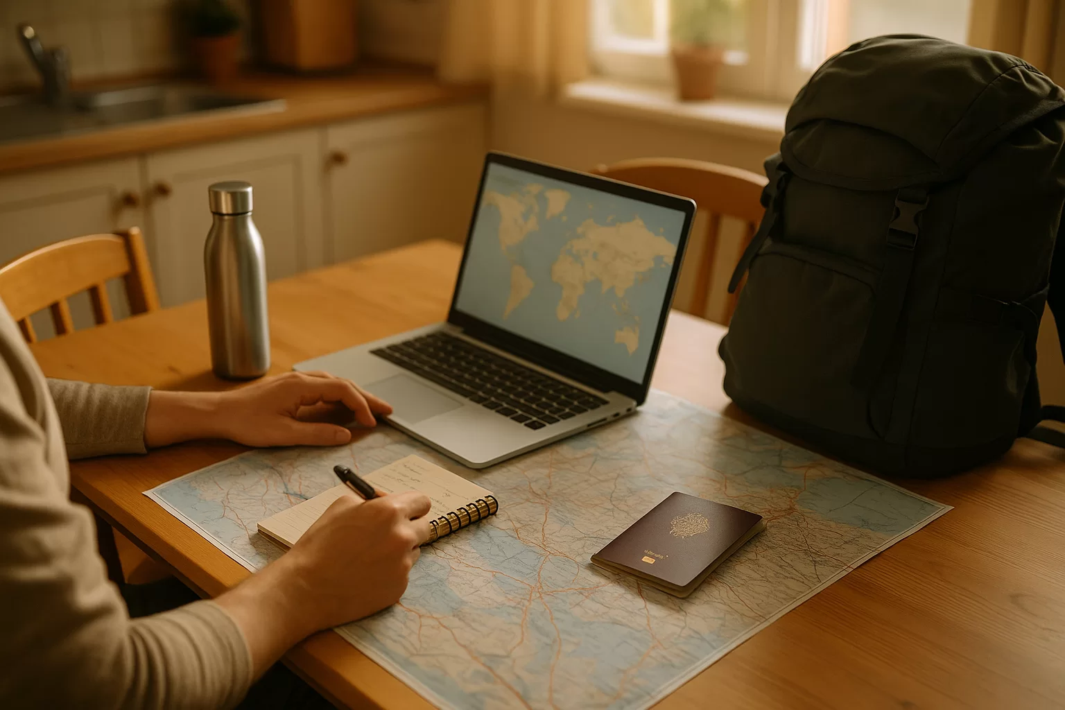 Traveler avoiding low cost travel planning mistakes while comparing budget notes and maps