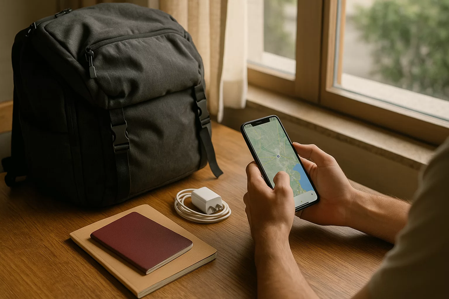 Traveler using offline maps before a journey on a smartphone beside a packed bag